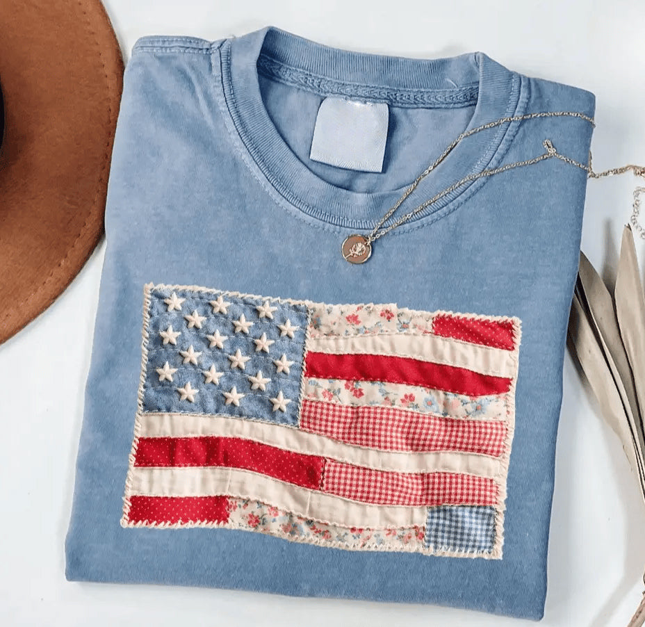 Retro American Flag Shirt, Faux Patchwork USA Tee, Digital Print Shirt, 4th of July Shirt, Patriotic Graphic Shirt, Fourth of July Shirt