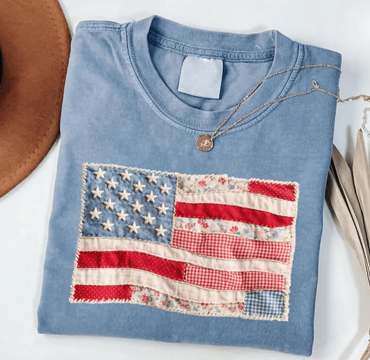 Retro American Flag Shirt, Faux Patchwork USA Tee, Digital Print Shirt, 4th of July Shirt, Patriotic Graphic Shirt, Fourth of July Shirt