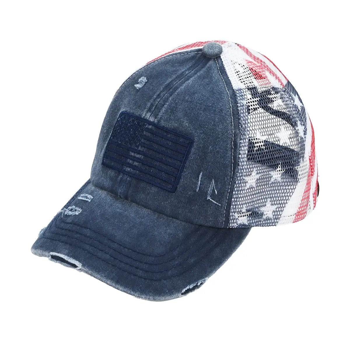 C.C Patriotic Criss-Cross Ponytail Baseball Cap | American Flag Mesh Back Ponytail Hat