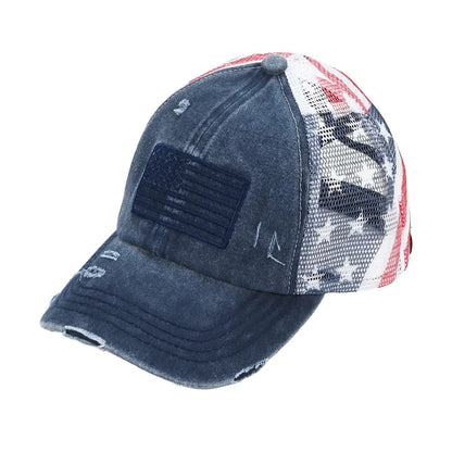 C.C Patriotic Criss-Cross Ponytail Baseball Cap | American Flag Mesh Back Ponytail Hat