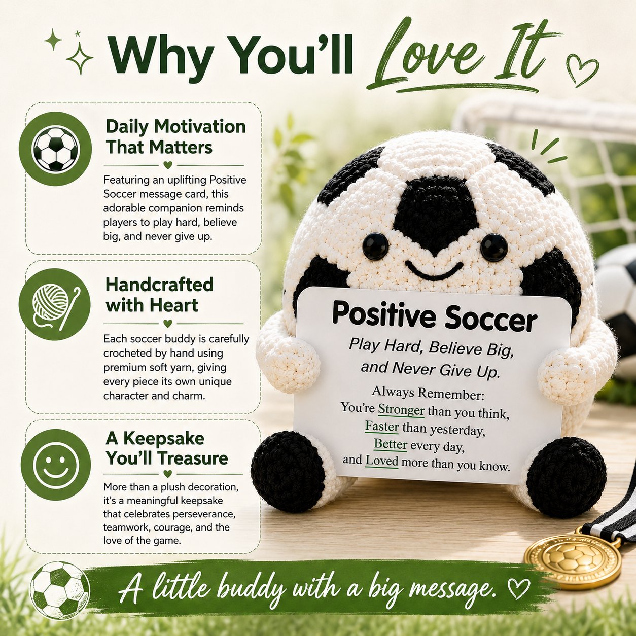 ⚽ Positive Soccer Buddy – Handmade Crochet Encouragement Gift 💚