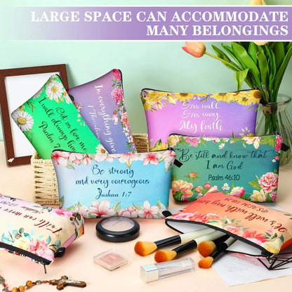 ✝️Christian Makeup Bag Gift for Women Bulk Faith Pocket Bag with Bible Verse Floral Pattern