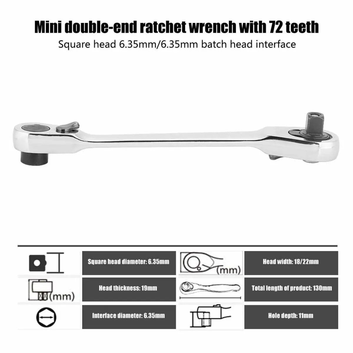 1/4 Inch Mini Double Headed Ratchet Wrench Silver 72-Tooth 5° Quick Release Drive Socket Tool
