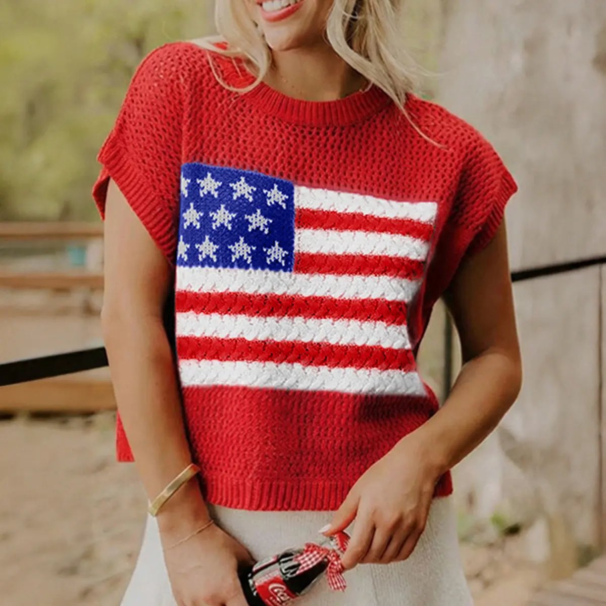 🔥Limited time sale🔥Women's Flag Graphic Hollow Out Short Sleeve Top