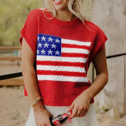 🔥Limited time sale🔥Women's Flag Graphic Hollow Out Short Sleeve Top