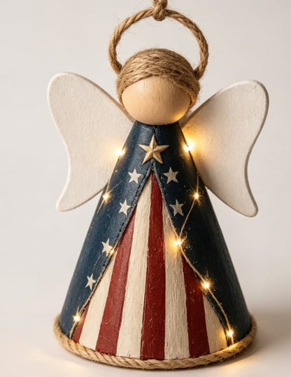 👼✨Rustic Red, White & Blue Angel Ornament with Warm LED Lights-3Pcs