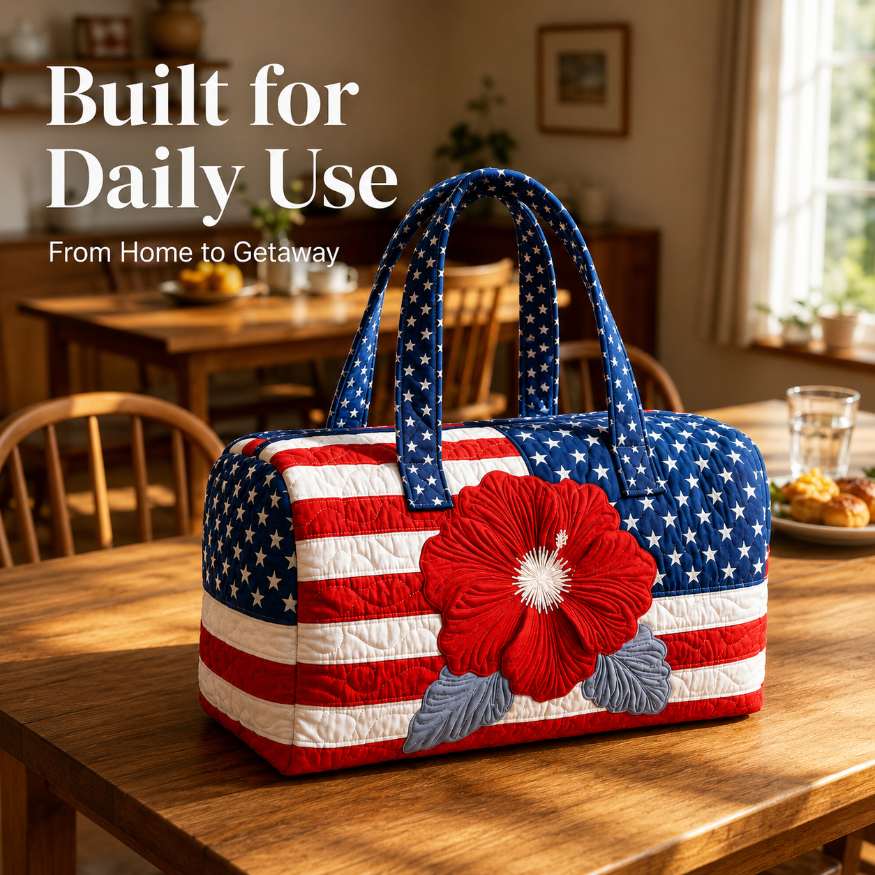🔥 🇺🇸🧵 Handcrafted Patriotic Quilted Tote Bag – 3D Floral American Flag Travel Duffel
