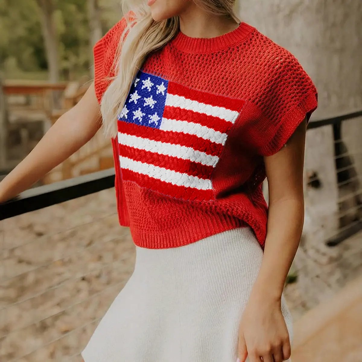 🔥Limited time sale🔥Women's Flag Graphic Hollow Out Short Sleeve Top
