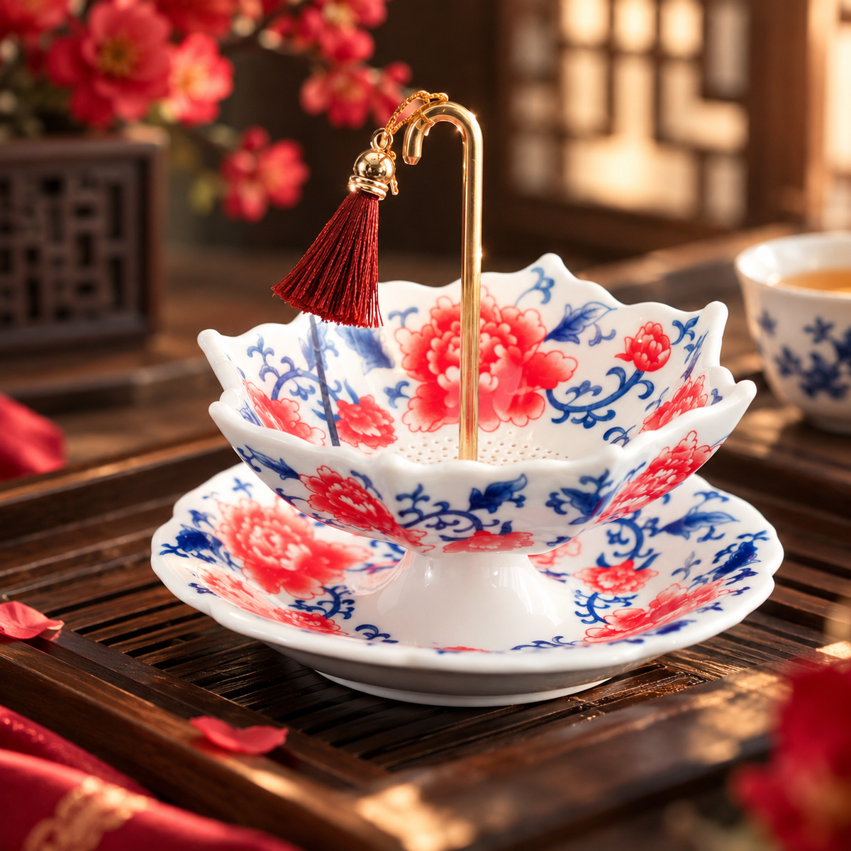 Umbrella-Shaped Porcelain Tea Infuser – Elegant Ceramic Tea Strainer with Decorative Saucer