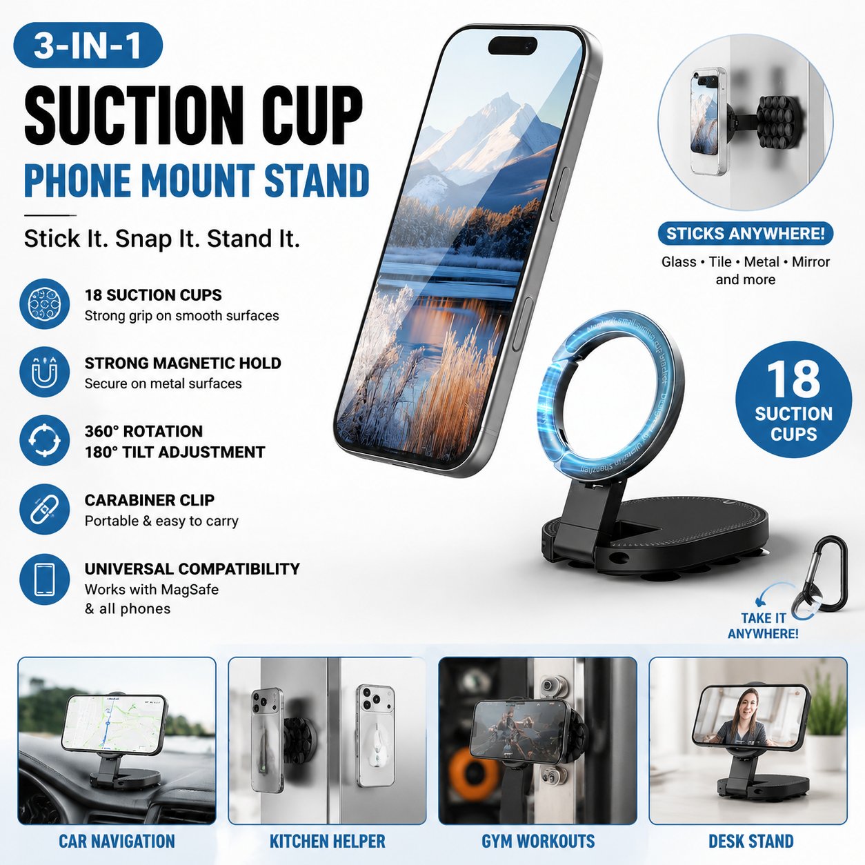 📱3-in-1 Magnetic Phone Mount | 18 Suction Cups, 360° Rotation, Desktop & Wall Holder for iPhone 17/16/15/14