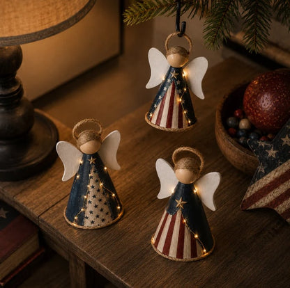 👼✨Rustic Red, White & Blue Angel Ornament with Warm LED Lights-3Pcs