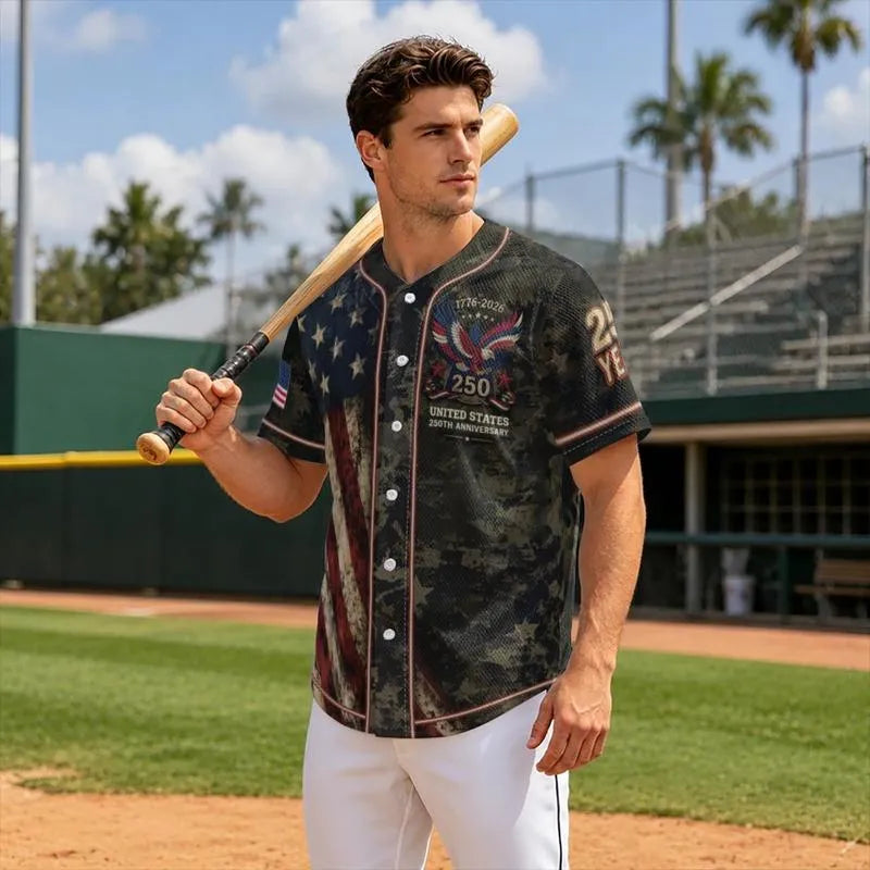 Men's 250th Anniversary Baseball Jersey Patriotic American Flag Eagle Button Down Shirt 1776-2026
