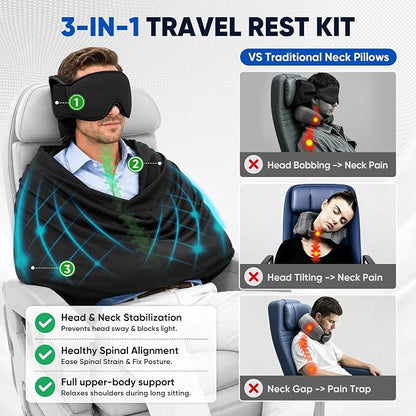 3-in-1 Travel Pillow with Eye Mask – Neck Support for Airplane, Car & Train