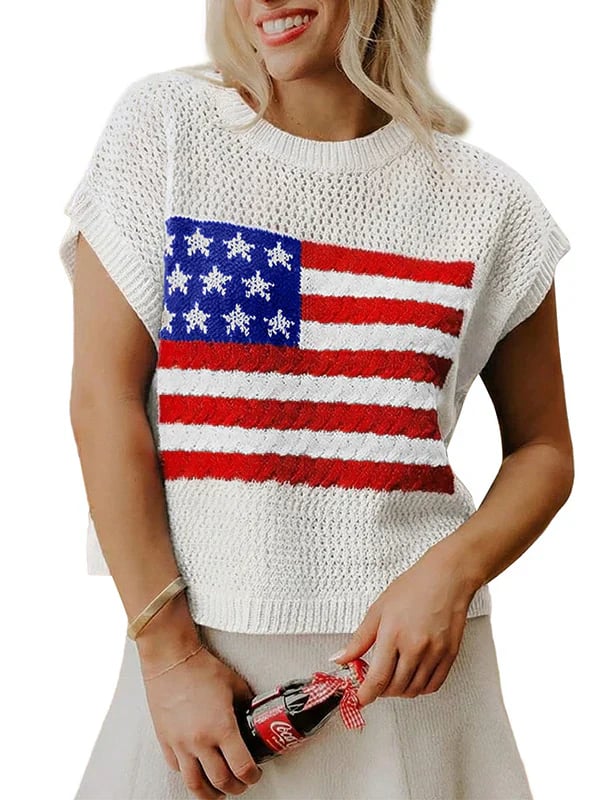 🔥Limited time sale🔥Women's Flag Graphic Hollow Out Short Sleeve Top