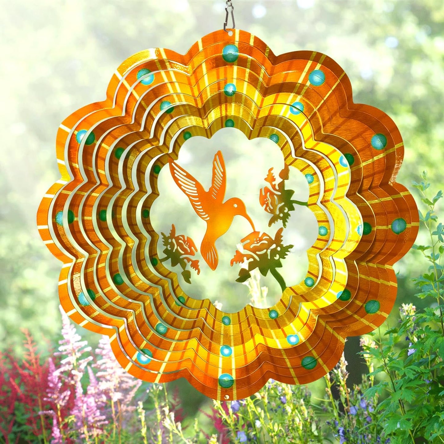 Dailyard Wind Spinner Mandala Jasmine, 12Inch Laser Cut Stainless Steel Wind Spinners, 3D Hanging Wind Sculptures for Yard and Garden Decoration Outdoor Decor Ornament, Mandala Gifts for Women Men
