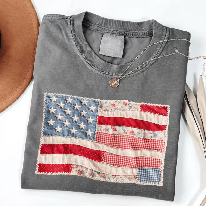 Retro American Flag Shirt, Faux Patchwork USA Tee, Digital Print Shirt, 4th of July Shirt, Patriotic Graphic Shirt, Fourth of July Shirt
