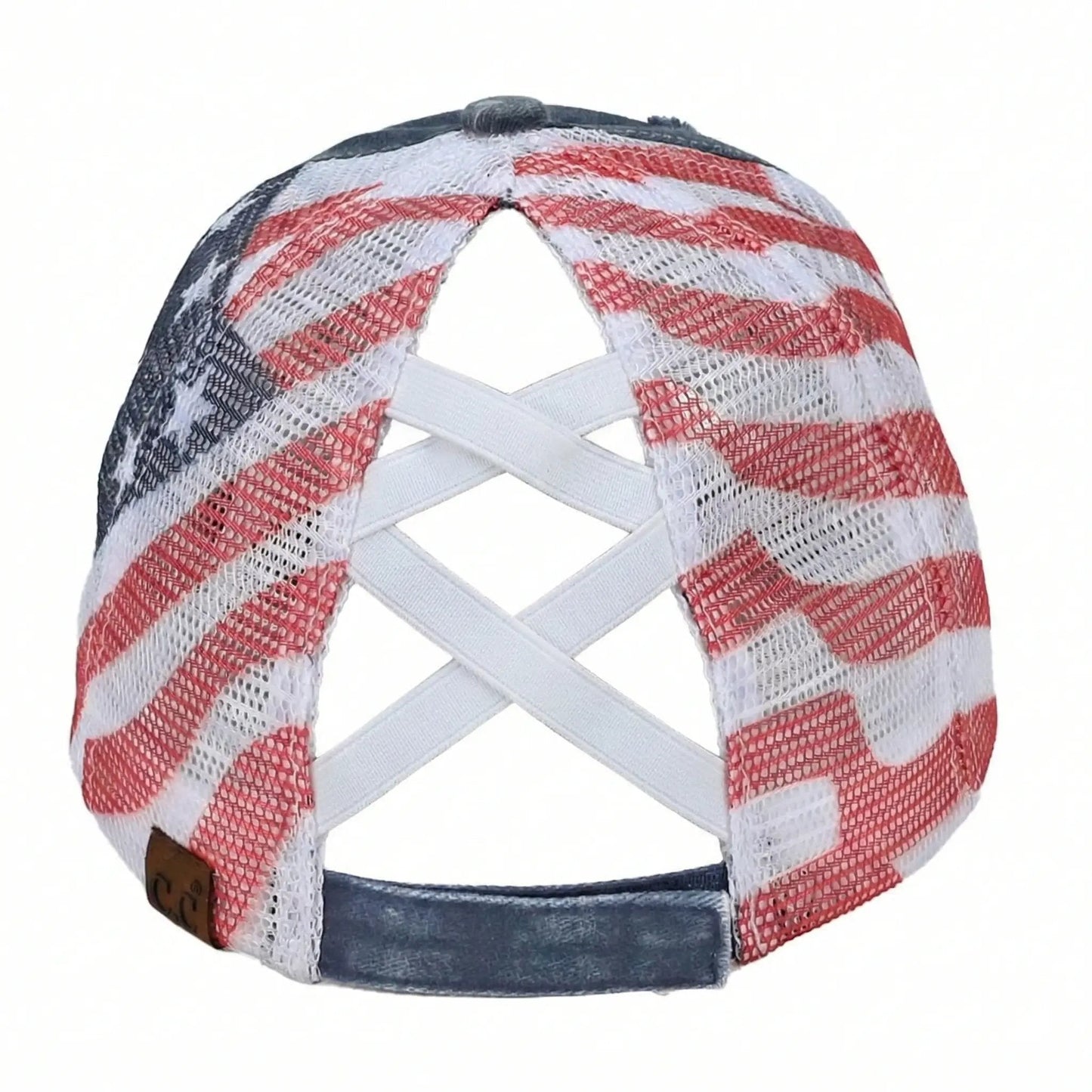 C.C Patriotic Criss-Cross Ponytail Baseball Cap | American Flag Mesh Back Ponytail Hat
