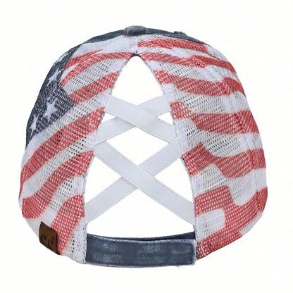 C.C Patriotic Criss-Cross Ponytail Baseball Cap | American Flag Mesh Back Ponytail Hat