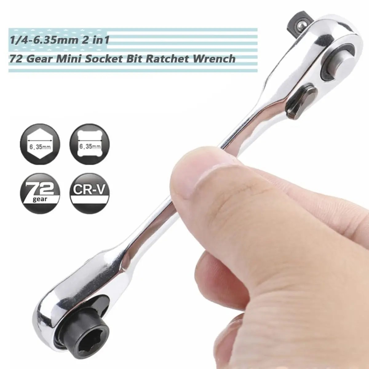 1/4 Inch Mini Double Headed Ratchet Wrench Silver 72-Tooth 5° Quick Release Drive Socket Tool
