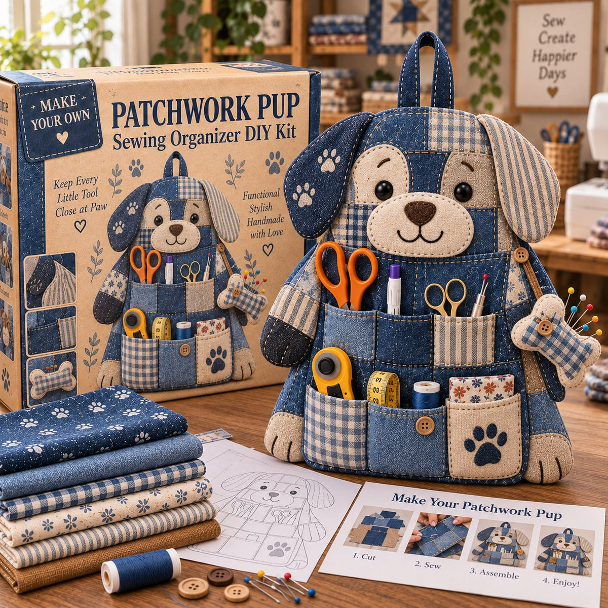 🐾 Make Your Own Patchwork Animal Sewing Organizer Diy Kit – Quilted Craft Room Tool Holder With Pockets