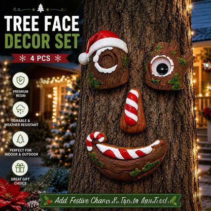 🎅christmas Tree Face Decor Set 4pcs, Santa Tree Face Ornament, Resin Outdoor Yard Xmas Decor, Whimsical Tree Hugger Decoration