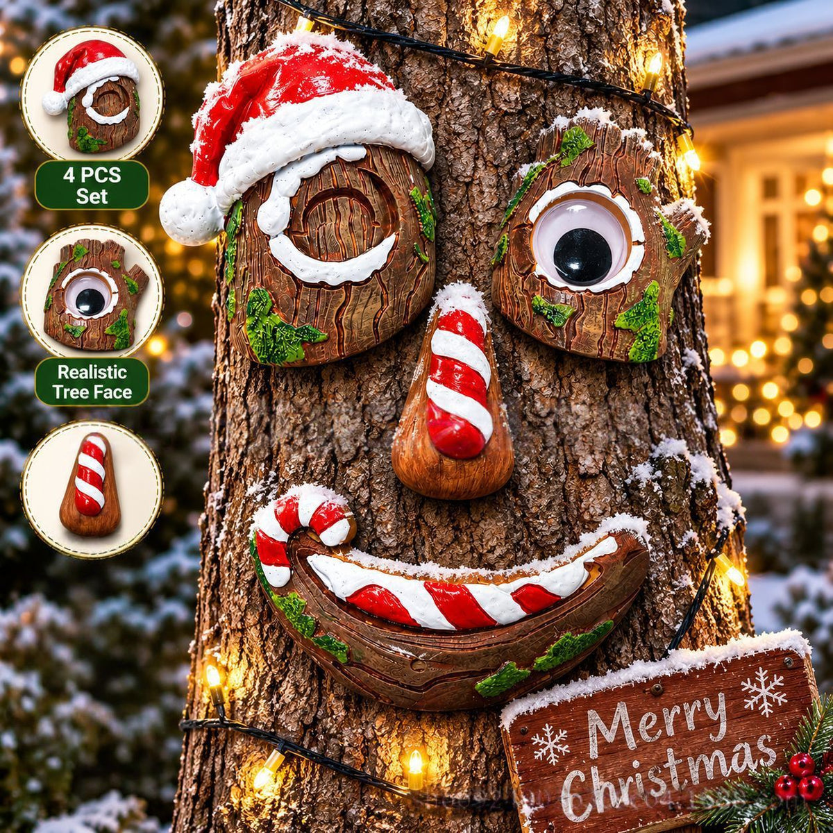 🎅christmas Tree Face Decor Set 4pcs, Santa Tree Face Ornament, Resin Outdoor Yard Xmas Decor, Whimsical Tree Hugger Decoration