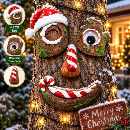 🎅christmas Tree Face Decor Set 4pcs, Santa Tree Face Ornament, Resin Outdoor Yard Xmas Decor, Whimsical Tree Hugger Decoration