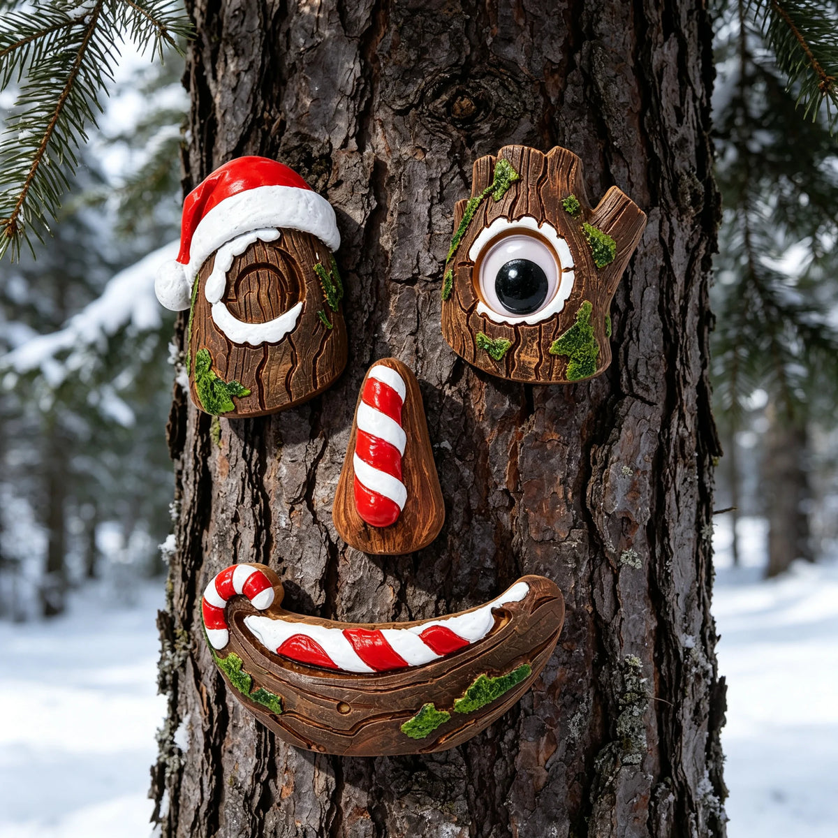 🎅christmas Tree Face Decor Set 4pcs, Santa Tree Face Ornament, Resin Outdoor Yard Xmas Decor, Whimsical Tree Hugger Decoration