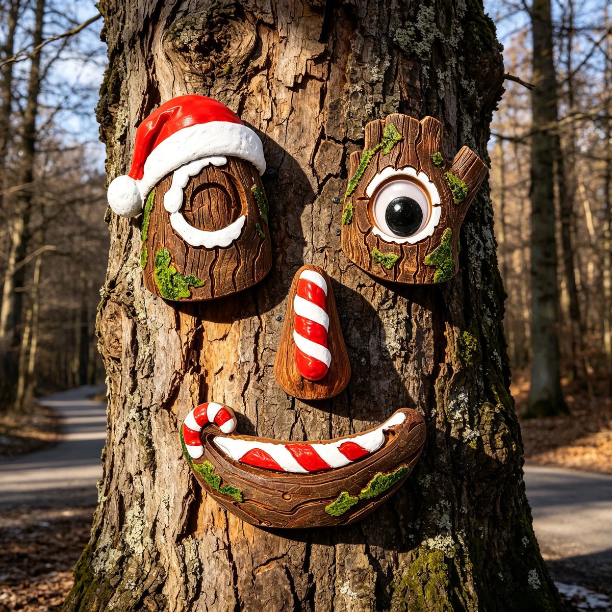 🎅christmas Tree Face Decor Set 4pcs, Santa Tree Face Ornament, Resin Outdoor Yard Xmas Decor, Whimsical Tree Hugger Decoration