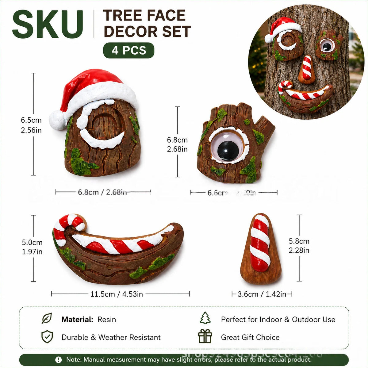 🎅christmas Tree Face Decor Set 4pcs, Santa Tree Face Ornament, Resin Outdoor Yard Xmas Decor, Whimsical Tree Hugger Decoration
