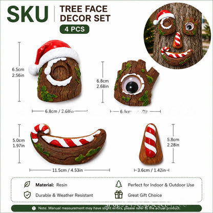 🎅christmas Tree Face Decor Set 4pcs, Santa Tree Face Ornament, Resin Outdoor Yard Xmas Decor, Whimsical Tree Hugger Decoration