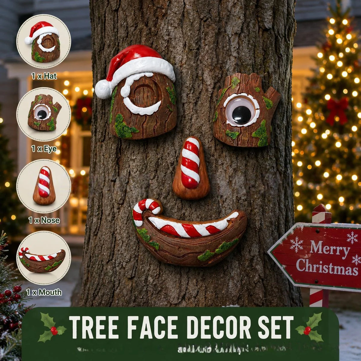 🎅christmas Tree Face Decor Set 4pcs, Santa Tree Face Ornament, Resin Outdoor Yard Xmas Decor, Whimsical Tree Hugger Decoration