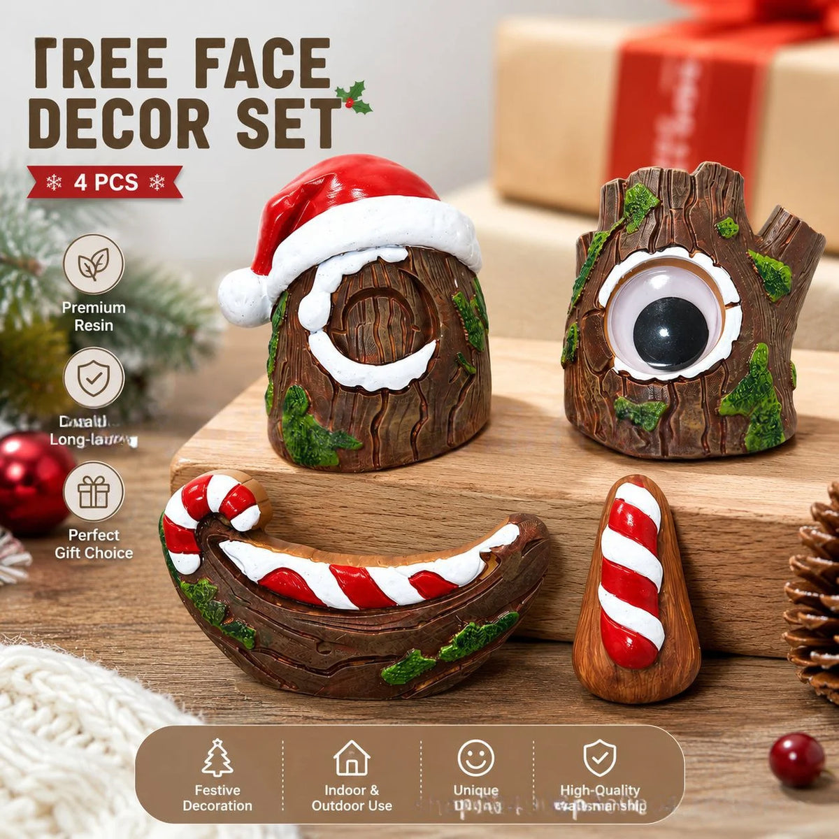 🎅christmas Tree Face Decor Set 4pcs, Santa Tree Face Ornament, Resin Outdoor Yard Xmas Decor, Whimsical Tree Hugger Decoration