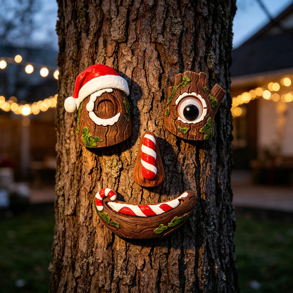 🎅christmas Tree Face Decor Set 4pcs, Santa Tree Face Ornament, Resin Outdoor Yard Xmas Decor, Whimsical Tree Hugger Decoration
