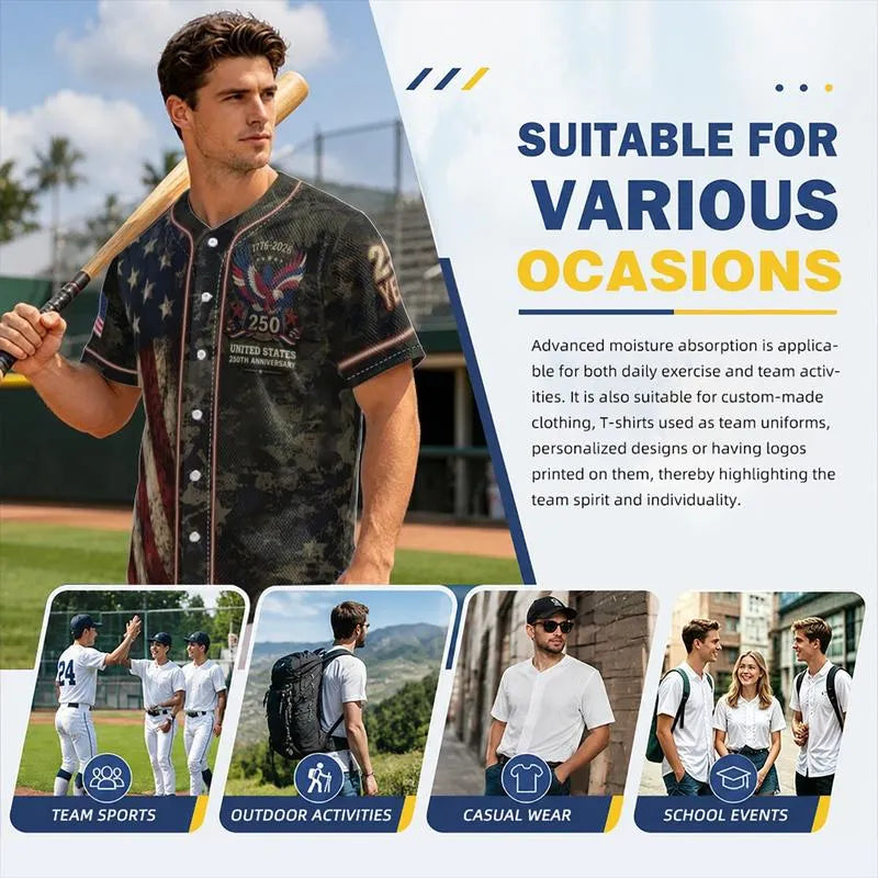 Men's 250th Anniversary Baseball Jersey Patriotic American Flag Eagle Button Down Shirt 1776-2026