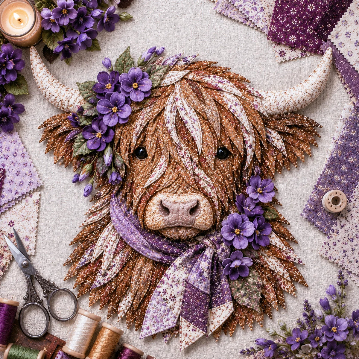 🐮💐🌸 Birth Flower Highland Cow 3d Layered Fabric Art Diy Kit (beginner-friendly)