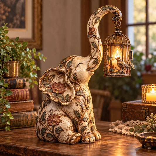 Vintage Elephant Lantern Statue – Boho Floral Elephant Decor With Warm Hanging Light