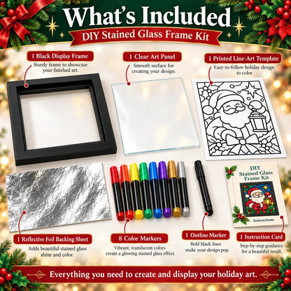⏳ Last Day 49% Off – 🎄beginner-friendly Christmas Stained Glass-style Frame Kit | 8 Festive Designs With Pens, Foil & Frame ✨