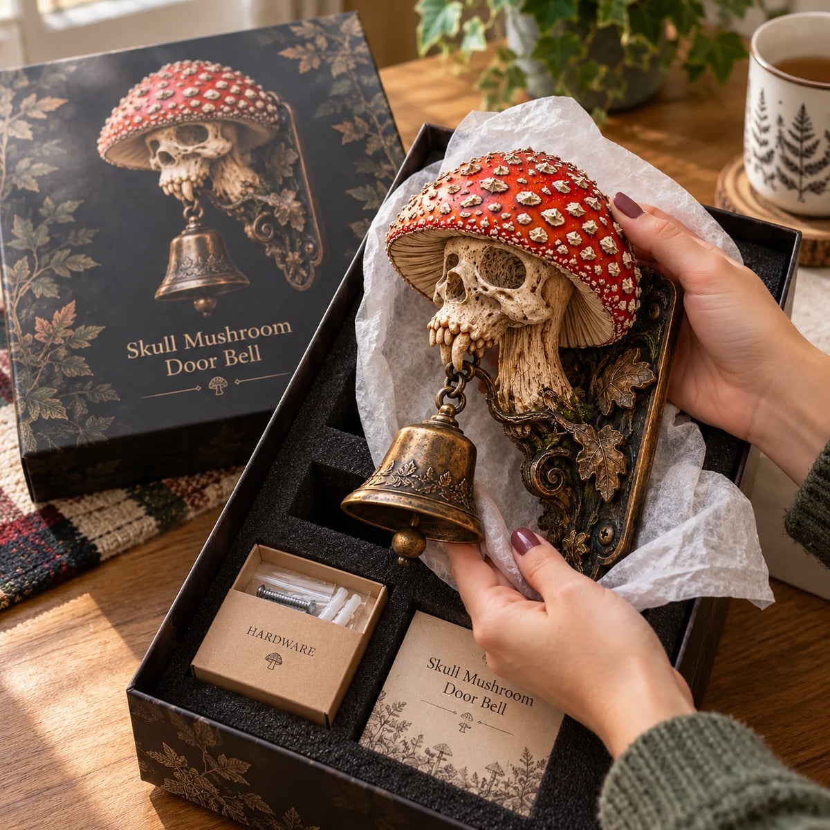 💀🍄 Skullcap Guardian™ – Gothic Mushroom Skull Door Bell With Vintage Bronze Chime