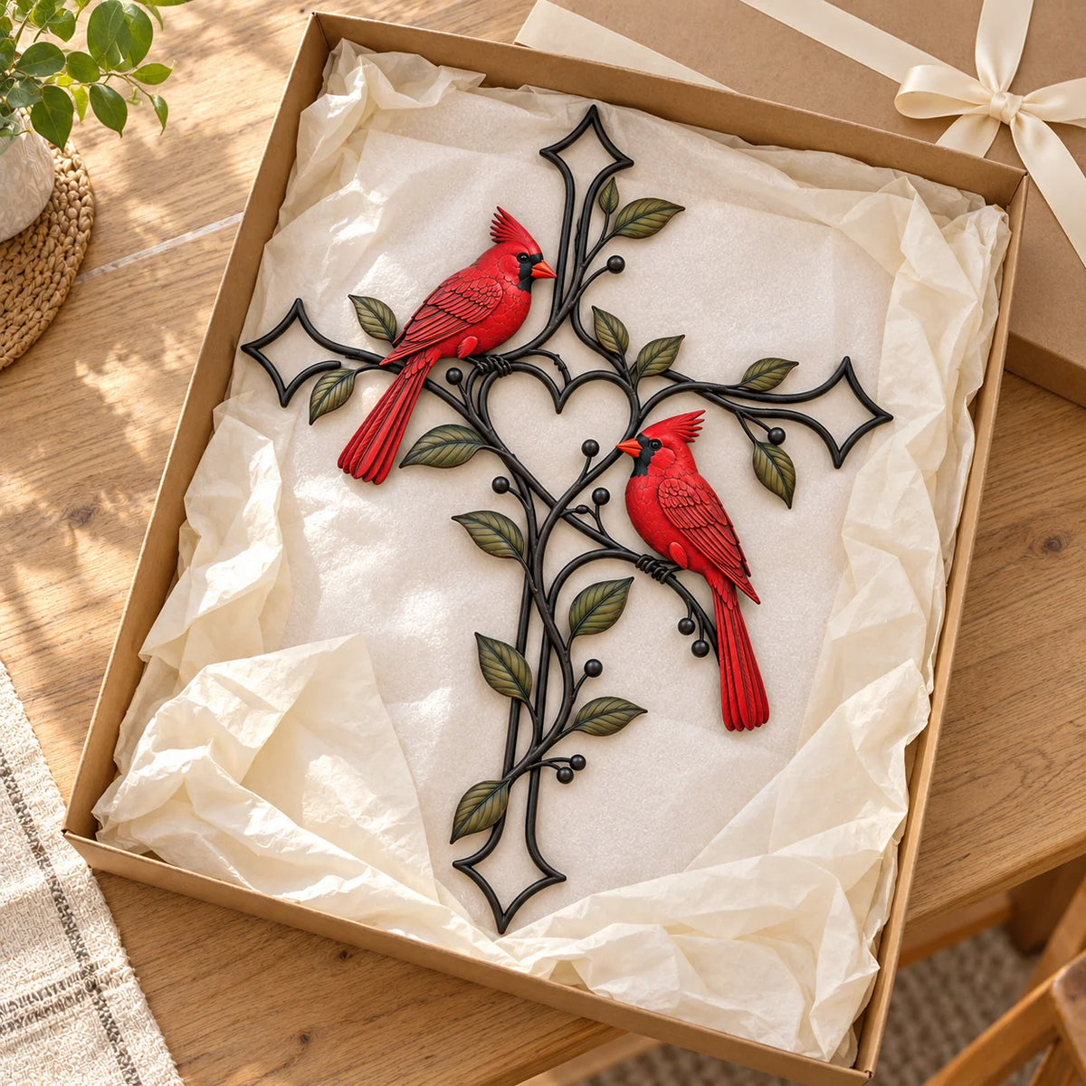 ❤️🐦 Love Stays Close – Cardinal Heart Cross Wall Decor