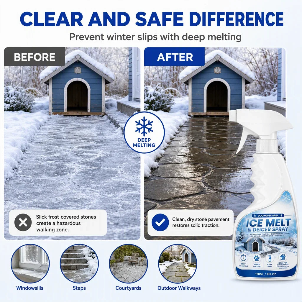 Outdoor De-Icing & Snow Melting Spray – pet-safe, dissolves frost on contact. Clear steps, walkways & patios fast! 🛡️✅