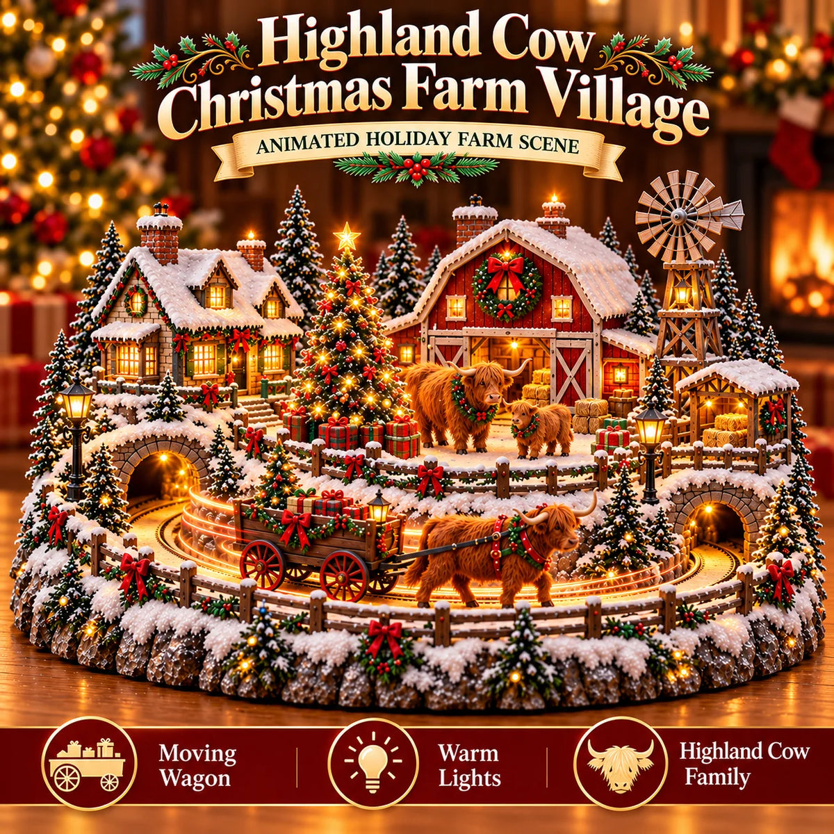 🐮 Highland Cow Christmas Farm Village – Animated Holiday Scene