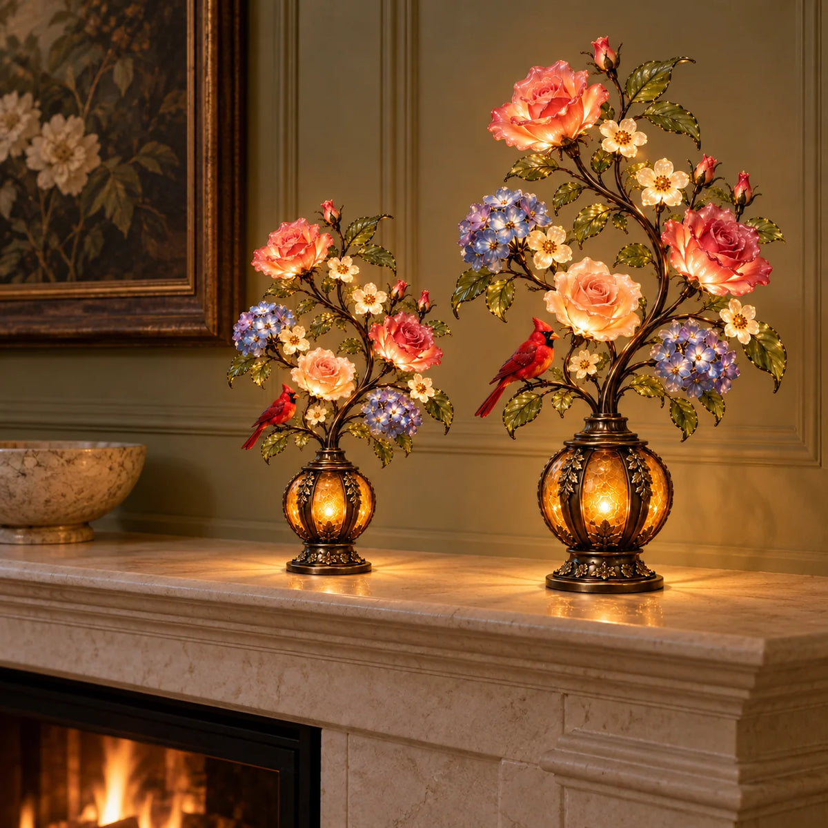 🌹✨ Eternal Bloom – Vintage Rose & Cardinal Table Lamp