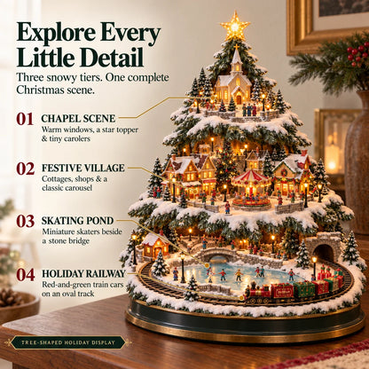 🎄 Lighted Christmas Village Tree with Train & Carousel