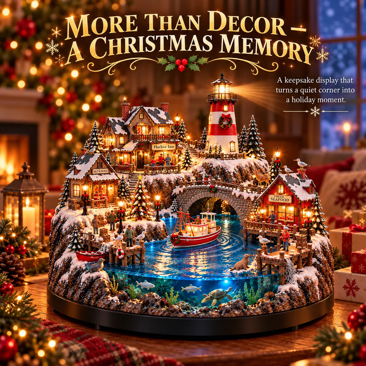 🔥 LAST DAY 50% OFF 🔥 Harborlight Christmas™ — Lighted Coastal Village with Lighthouse, Fishing Boat & Underwater Scene ✨
