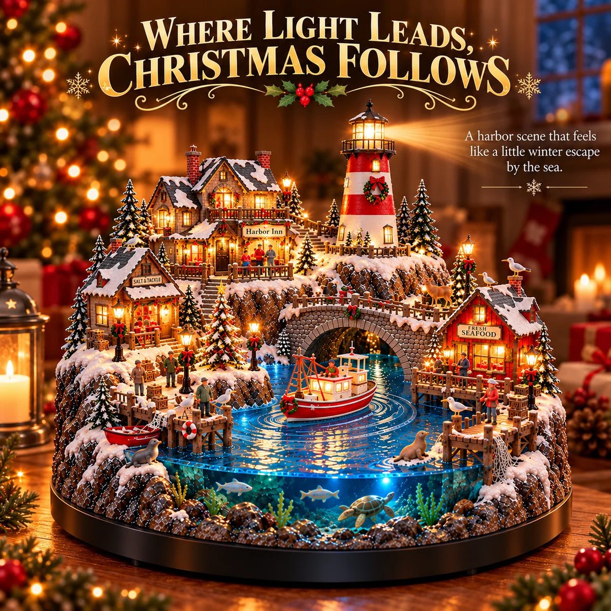 🔥 LAST DAY 50% OFF 🔥 Harborlight Christmas™ — Lighted Coastal Village with Lighthouse, Fishing Boat & Underwater Scene ✨