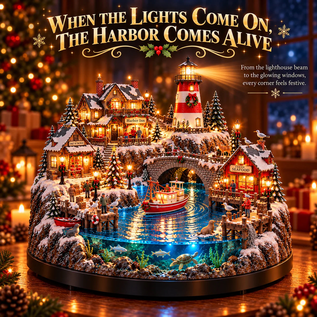 🔥 LAST DAY 50% OFF 🔥 Harborlight Christmas™ — Lighted Coastal Village with Lighthouse, Fishing Boat & Underwater Scene ✨