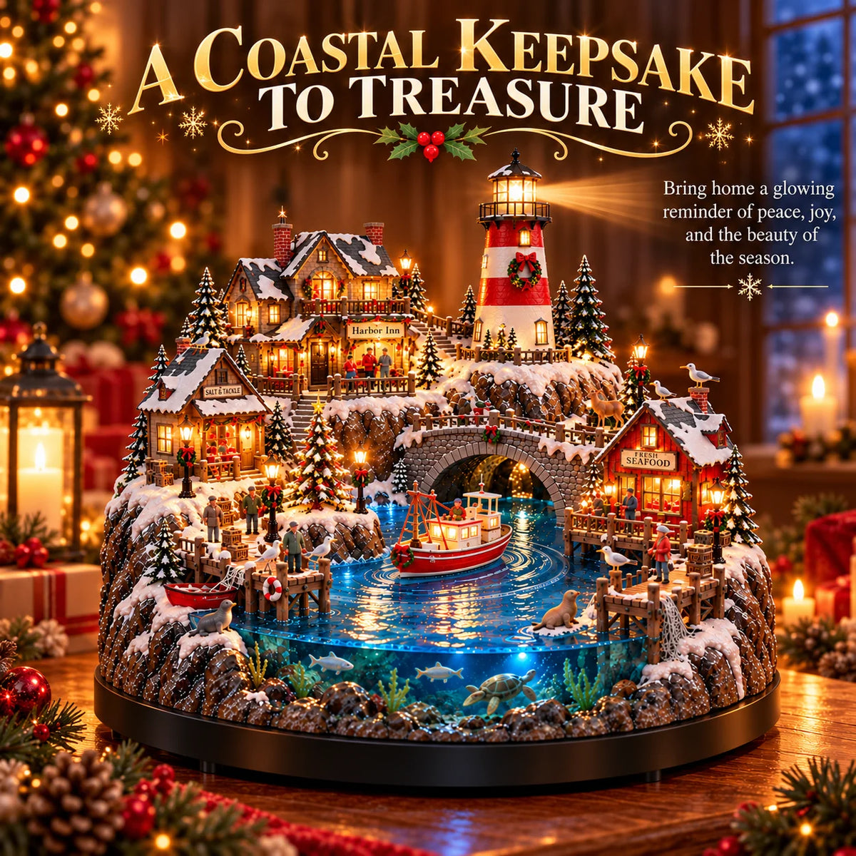 🔥 LAST DAY 50% OFF 🔥 Harborlight Christmas™ — Lighted Coastal Village with Lighthouse, Fishing Boat & Underwater Scene ✨