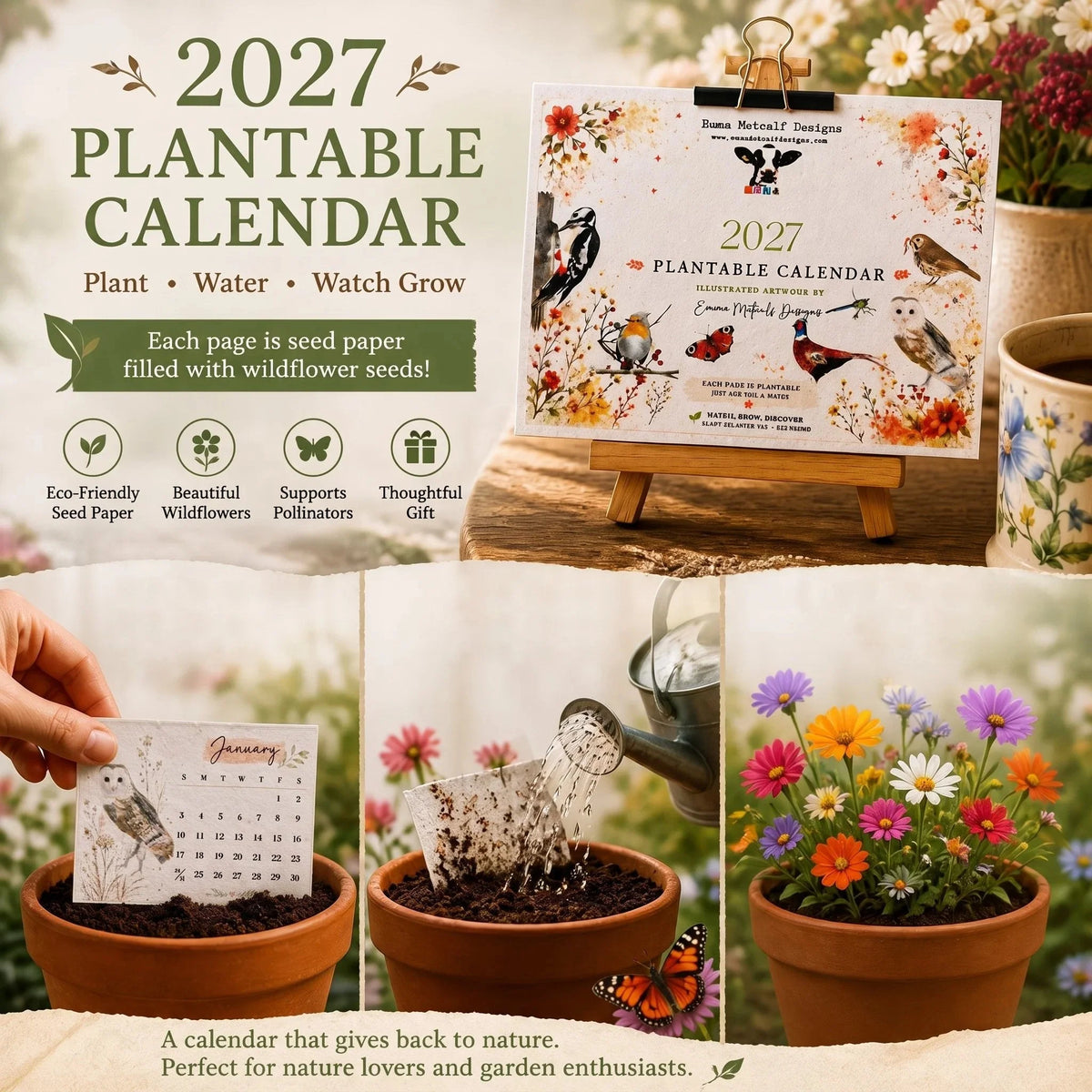 🌱Plantable Wildflower Calendar 2027 – Seed Paper Desk Calendar🌸