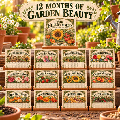 🌱 2027 Heirloom Garden Plantable Seed Calendar | 12 Plantable Months with Vintage Botanical Art & Wooden Stand 🌼